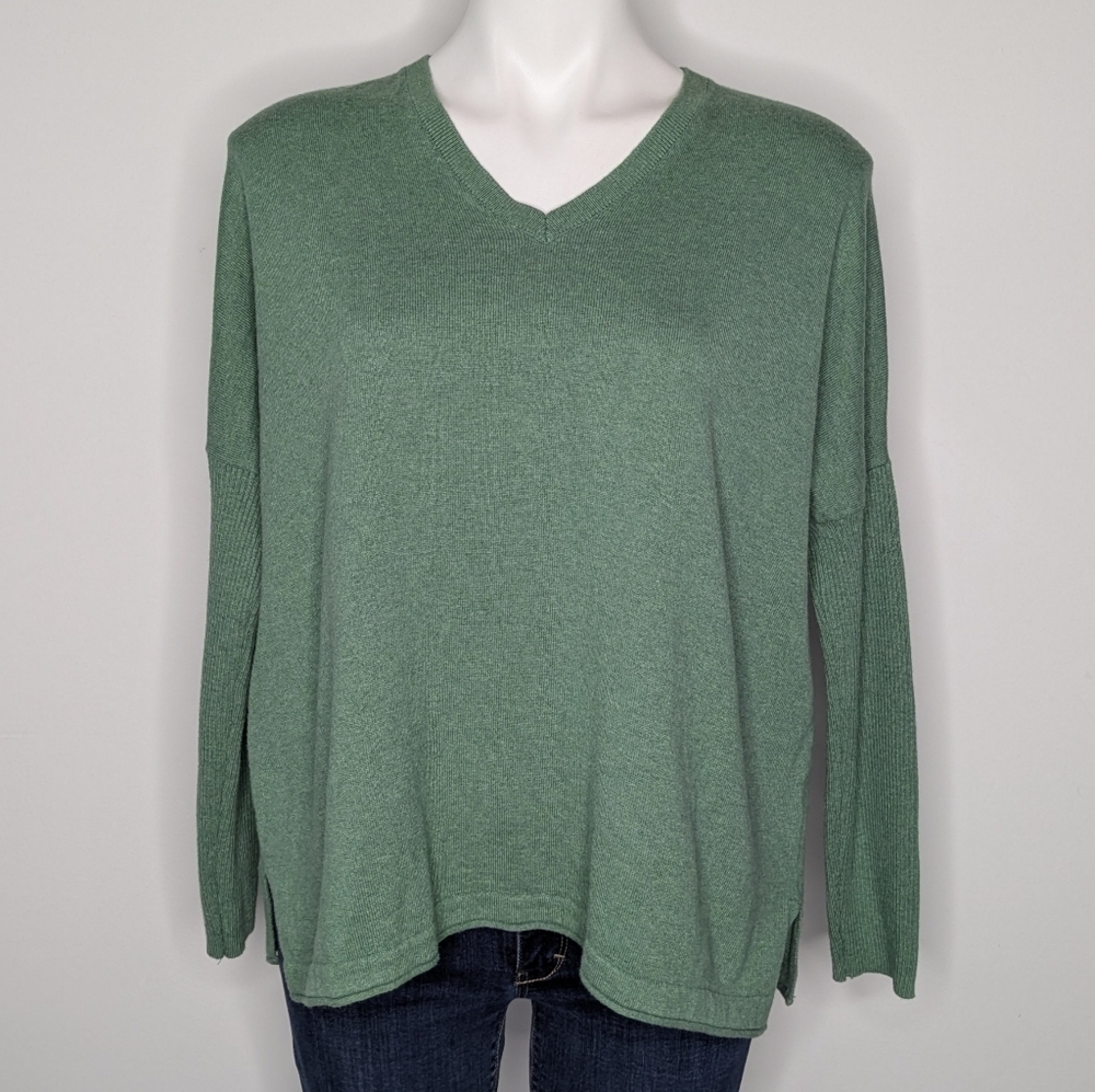 J Jill Green Long Sleeve V Neck Cotton Blend Sweater MP